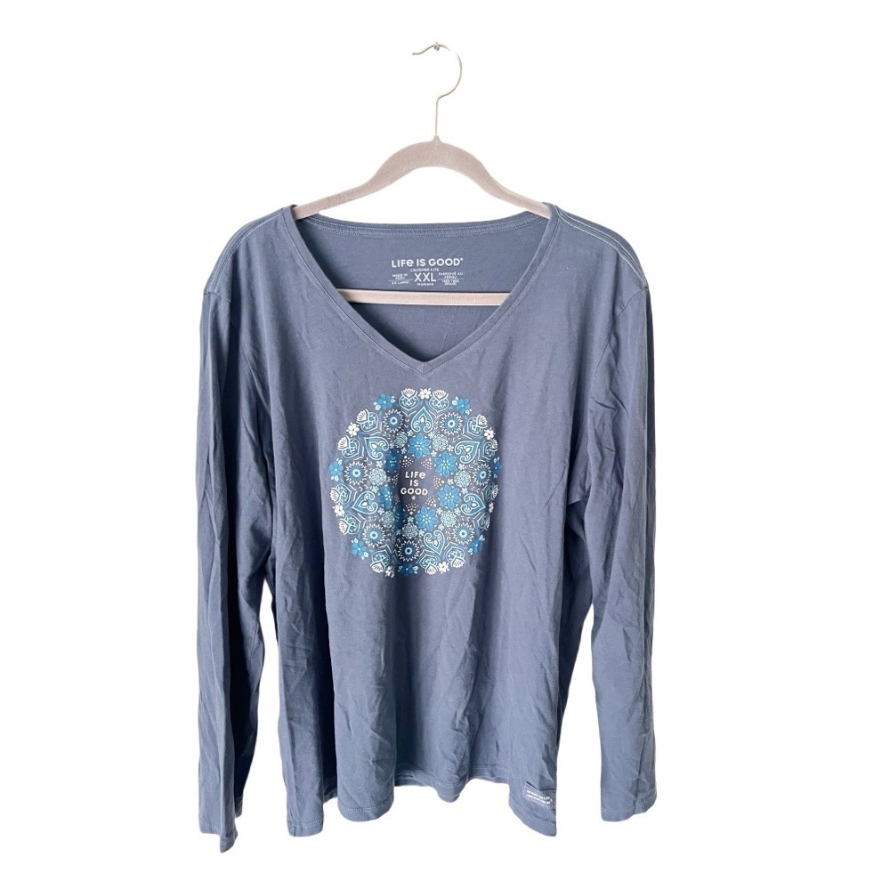 Life Is Good Crusher Lite V Neck Blue Long Sleeve Graphic Tee XXL Floral Mandala
